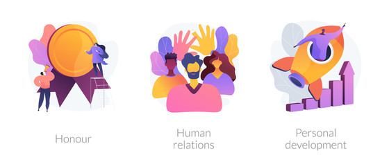 Personal achievement and employees training metaphors. Honour, human relations, self development. Business coaching. Challenge and progress abstract concept vector illustration set.