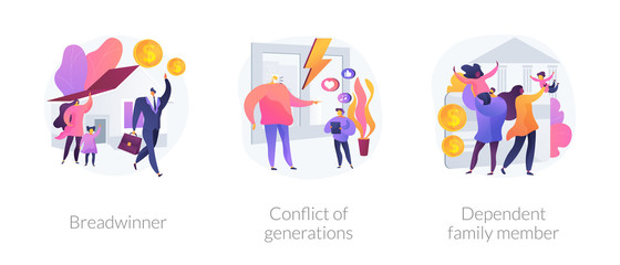 Traditional gender and social roles metaphors. Breadwinner, conflict of generations, dependent family member. Male and female stereotypes in society abstract concept vector illustration set.