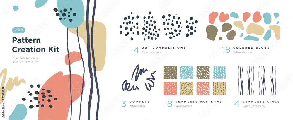 Wall mural set of abstract trendy hand drawn shapes and design elements. pattern creation set. vector