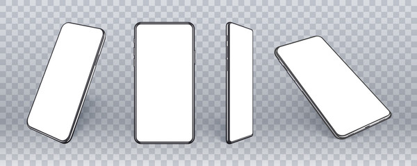 3d realistic mobile phone mockup from different angles. Smart device collection with thin frame and blank screen isolated on transparent.