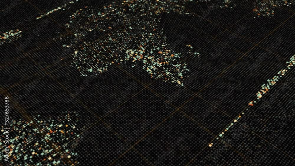 Poster abstract animation of world map in digital screen formed by tiny figures. animation. digital screen 