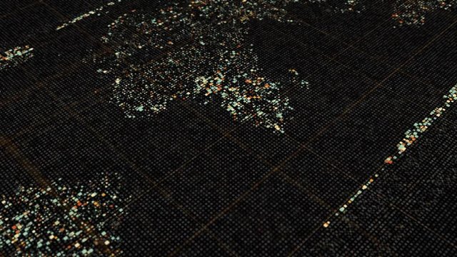 Abstract animation of world map in digital screen formed by tiny figures. Animation. Digital screen with continents flowing slowly on black background, seamless loop.