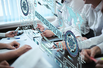 Business, technology, internet and network concept. Young guy working with a halogram screen sees the inscription: DISTRIBUTION