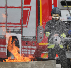 fireman during the extinguishing of a fire during the practical