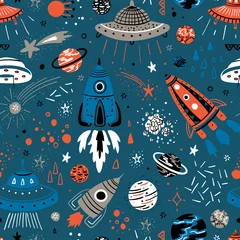 Tischdecke Weltraum-Hintergrund für Kinder. Vektornahtloses Muster mit Cartoon-Raketen, Planeten, Sternen, Kometen und UFOs. © AllNikArt