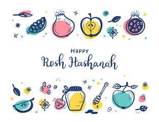 Jewish New Year Holiday. Happy Shana Tova. Rosh Hashanah Vector Greeting Card. Hand Drawn Lettering and Doodle Fruits. Pomegranate Fruit, Apples, Honey Jar, Flowers and Leaves