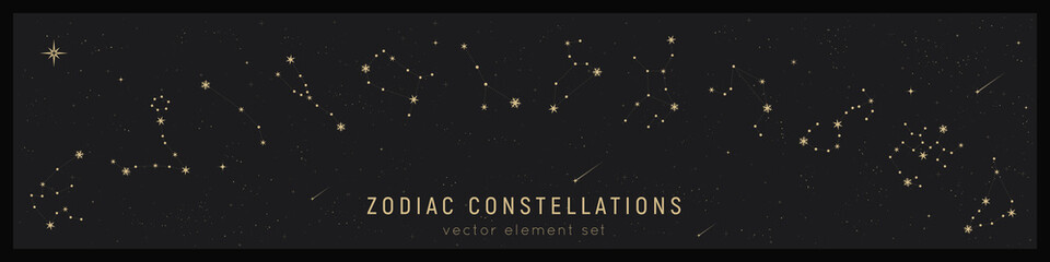 Fototapeta premium Set of zodiac constelattions. Vector astrology signs and stars. Horoscope print. Mystic and esoteric set. Zodiacal calendar dates