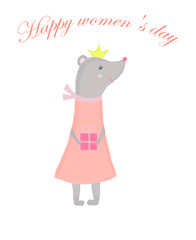 Mouse in a pink dress with a gift with a yellow crown on her head