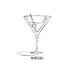 Wineglass martini. Drink element. Black white. Retro glass martini hand draw, design for any purposes. Restaurant illustration. Simple sketch. Isolated on white background in engraving style