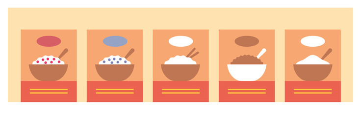 Supermarket shelf with cereals. Grocery store banner or background. Healthy food.