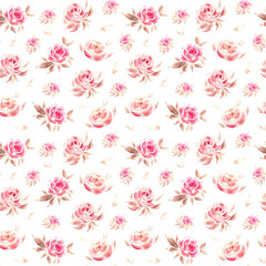 Watercolor Pink Roses with brown leaves. Vintage Floral Background. Flowers Seamless pattern. Shabby chic style