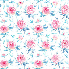 Watercolor Pink Roses with Blue leaves. Vintage Floral Background. Flowers Seamless pattern. Shabby chic style