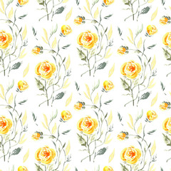 Watercolor Yellow Roses with leaves. Vintage Floral Background. Flowers Seamless pattern. Climbing Rose. Shabby chic style.