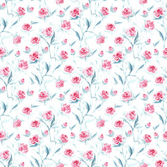 Watercolor Pink Roses and Buds with Blue leaves. Vintage Floral Background. Flowers Seamless pattern. Climbing Rose. Shabby chic style