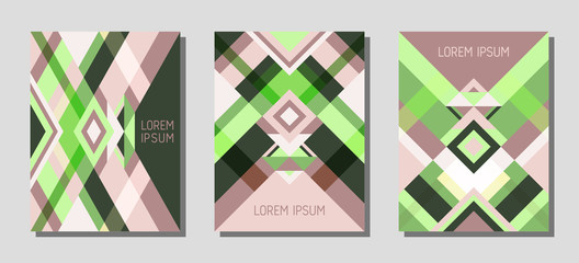 Cover page layout vector template geometric design with triangles and stripes pattern.