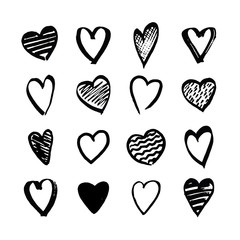 Heart icons hand drawn set in doodle style. Sketchy design elements for Valentines day or wedding. Black love symbols isolated on white. Vector eps8 illustration.