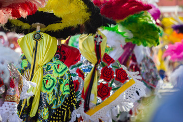 group of charro dancers in the mexican carnival, cape made with sequins and crest with colorful plumes, wood masks
