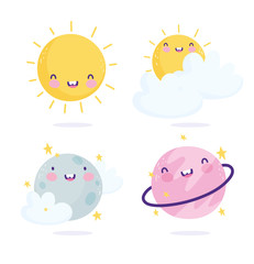 cosmos galaxy planets sun clouds cartoon cute text