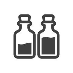 Icon of two glass bottles with different levels of liquid in them. Minimalistic linear design. Isolated vector on a white background.