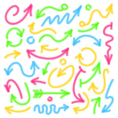Highlighter arrow pointers design elements. Set of hand drawn marker curved stripes and strokes with arrowhead. Optimized for one click color changes. Transparent colors eps10 vector.