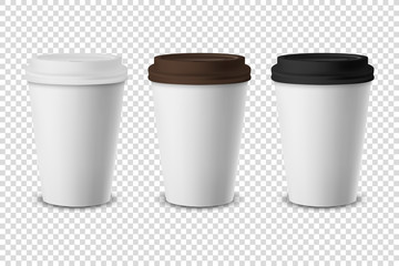 Vector 3d Realistic Disposable Closed Paper, Plastic Coffee Cup for Drinks with White, Brown and Black Lid Set Closeup Isolated on Transparent Background. Design Template, Mockup. Front View