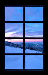 sunrise sunset window winter mountains landscape violet pink blue sky cloud snow