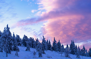 sunrise sunset winter mountains landscape violet pink blue sky cloud snow