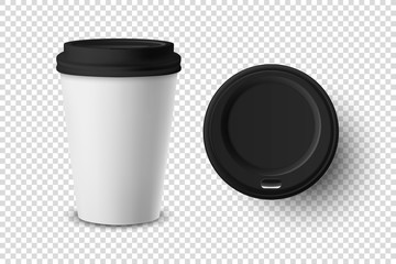 Vector 3d Realistic Disposable Opened Paper, Plastic Coffee Cup for Drinks Icon Set Closeup Isolated on Transparent Background. Design Template, Mockup. Top and Front View