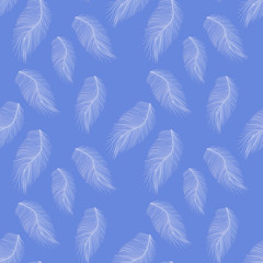 Seamless pattern with hand-drawn softness white feathers on blue, Great for wedding decor, wrapping paper, background, fabric print, web page backdrop, wallpaper