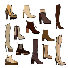Big women's shoes collection in color, isolated on white background. Fashion hand drawn illustration.