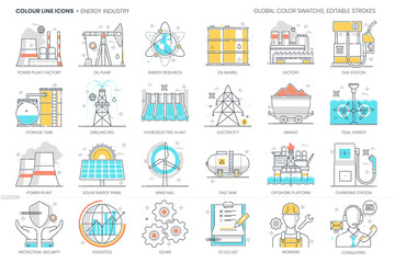 Energy industry related, color line, vector icon, illustration set - obrazy, fototapety, plakaty