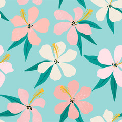 Tropical flowers and palm leaves on background. Seamless. Vector pattern.