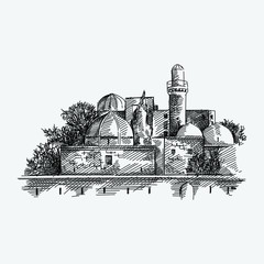 Hand-drawn sketch of Palace of the Shirvanshahs. Shirvanshahs saray. Azerbaijan's architecture of 15th century.