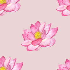 Watercolor hand painted nature floral seamless pattern with pink lotus blossom flowers yellow center isolated on the white grey background, water plants print for design elements, textile