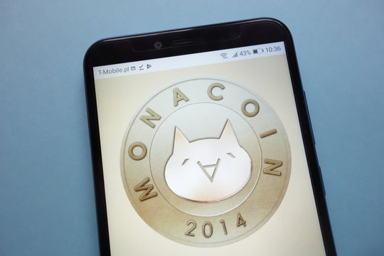 KONSKIE, POLAND - November 18, 2018: MonaCoin (MONA) cryptocurrency logo displayed on smartphone