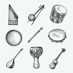 Set of hand-drawn national azerbaijan musical instruments. Qanun or Kanun, Kemenche, Boyuk nagara, Dilli kaval, Daf of Qaval, Saz or Baglama, Tar, Dumbek 