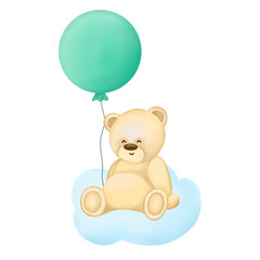 Cute kids illustration on a white background. Funny bear with balloon sitting on a cloud. Children's textiles, clothing and items for babies. Invitation for a birthday or baby shower party.