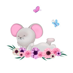 Cute kids illustration on a white background. Little mouse lies in flowers and around the butterfly. Children's textiles, clothing and items for babies.Invitation to a birthday or baby shower party