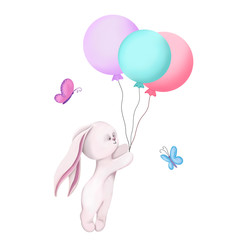 Schattige kinderen illustratie op een witte achtergrond. Klein konijntje met ballonnen en rond de vlinder. Uitnodiging voor een verjaardag of babyshower. Kindertextiel