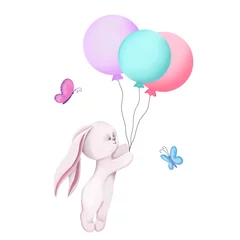Raamstickers Dieren met ballon Schattige kinderen illustratie op een witte achtergrond. Klein konijntje met ballonnen en rond de vlinder. Uitnodiging voor een verjaardag of babyshower. Kindertextiel