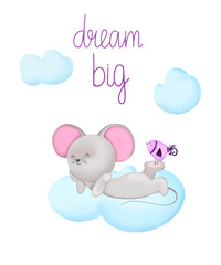 Cute kids illustration on a white background. Funny mouse and bird lie on a cloud. Dream big lettering. Invitation for a birthday or baby shower party