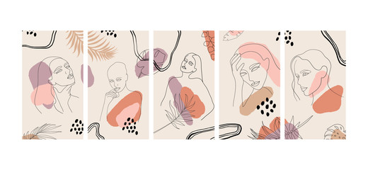 Continuous line, drawing of woman face, woman beauty minimalist with geometric doodle Abstract floral elements trendy colors.Design templates for social media stories. One line drawing abstract faces.