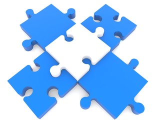 Fototapeta premium White puzzle in center between four blue puzzle pieces