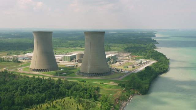 Lake Erie circa-2019.  Aerial view of Perry Nuclear Power Plant.  Shot from helicopter with Cineflex gimbal and RED 8K camera.