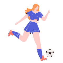 Energetic female athlete plays football, soccer. Active lifestyle and team games. Character jumps and kicks the ball. Woman sport. Vector flat illustration.