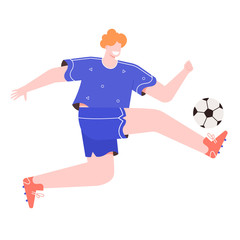 Energetic male athlete plays football, soccer. Active lifestyle, sport and team games. Character jumps and kicks the ball. Vector flat illustration.