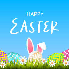 Naklejka premium Happy Easter greetings. Congratulatory inscription on a blue background with grass, Easter eggs and a rabbit that is hiding.