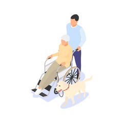 A young man helps an elderly woman to travel in a wheelchair with a dog. Volunteering concept, social assistance, elderly care.
