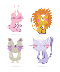 bunny lion cat and mice animals cartoon cute text