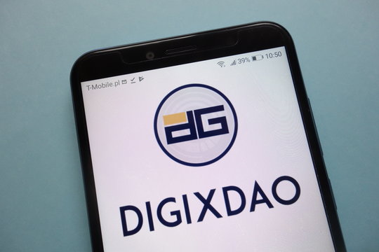 KONSKIE, POLAND - November 18, 2018: DigixDAO (DGD) cryptocurrency logo displayed on smartphone